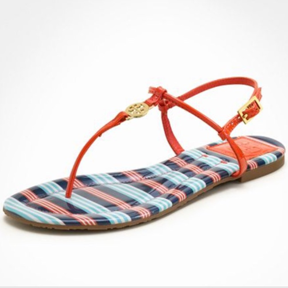 Great conditionTory Burch orange-red striped Footbed Emmy sandal
